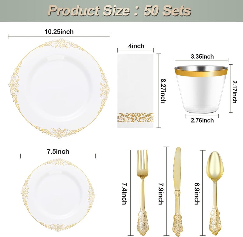 Bestluck 350PCS White and Gold Plastic Plates for 50 Guests, Disposable Dinnerware Set Includes 100 Disposable Plates, 150 Gold Silverware, 50 Cups, 50 Napkins for Party, Wedding and Easter - Image 2