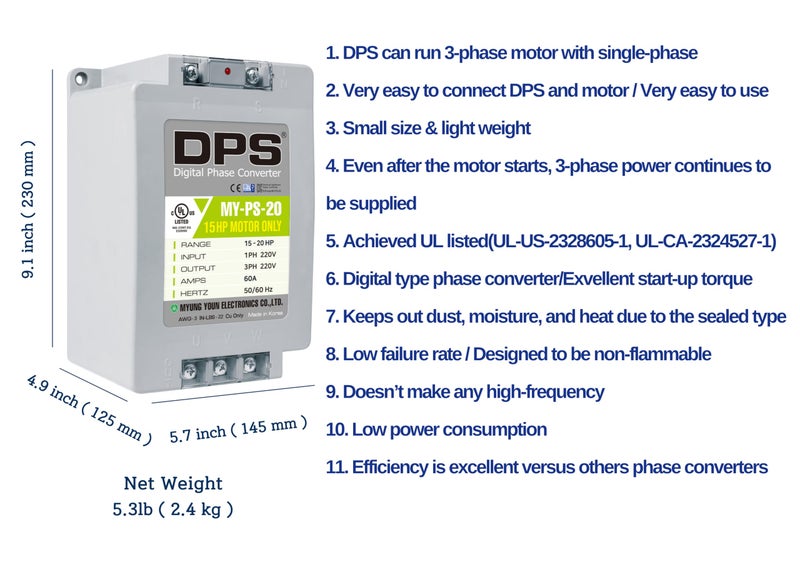 DPS 20HP MY-PS-20 Used for 15HP(11kW) 45A Motor, Single to 3 Phase Converter, 1 DPS Must Be Used for 1 Motor Only, Input/Output 200-240V, UL Listed - Image 4
