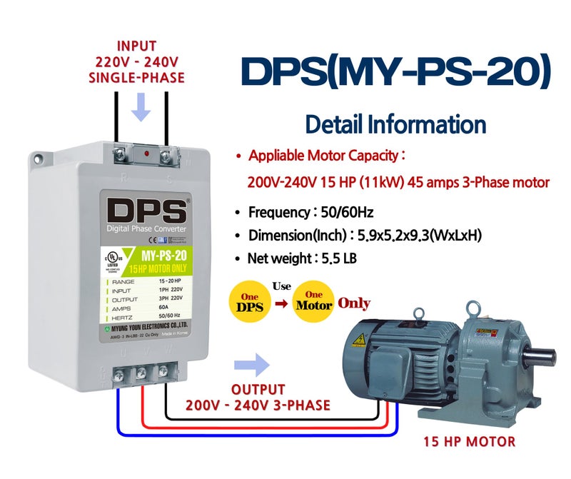 DPS 20HP MY-PS-20 Used for 15HP(11kW) 45A Motor, Single to 3 Phase Converter, 1 DPS Must Be Used for 1 Motor Only, Input/Output 200-240V, UL Listed - Image 2