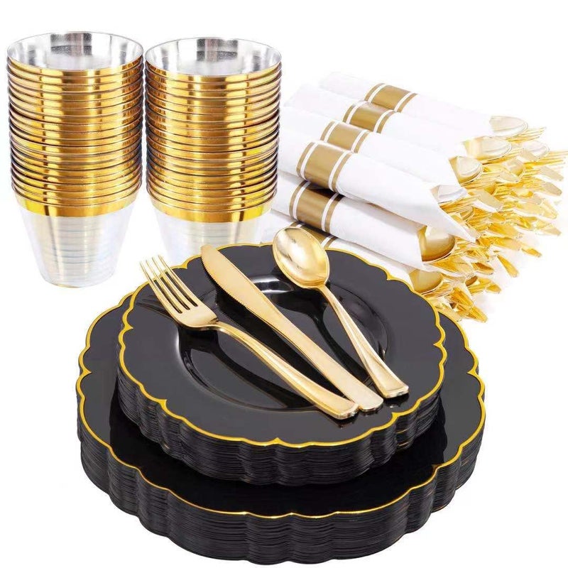 Morejoy 175PCS Black Gold Plastic Plates Black Plate with Rolled Napkins 50 Plates 25 Spoons 25 Forks 25 Knives 25 Cups for Wedding  Party  Birthday  New Year  Fathers Day