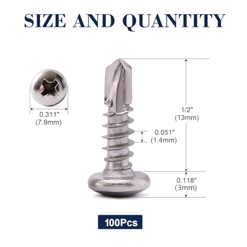 RKGD Stainless Steel SS410 Self Drilling Self Tapping Screws Phillips Pan/CSK Head Sheet Metal Tek Screws for Wood Metal Roofing Fabrication #8 x 1/2" Sizes Fasteners (PAN 4.2 x 13, 100) - Image 2