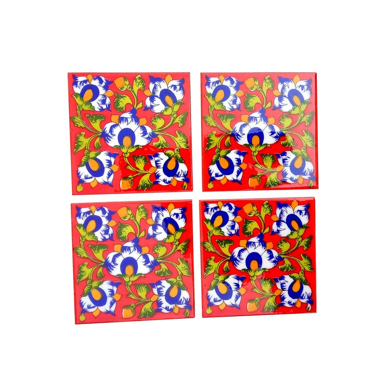 Shiv Kripa Blue Pottery Home Decor Tile Ceramic High Lighter Wall Bathroom Tiles 6 x 6 Inch Set of 4 Tiles Red Multi
