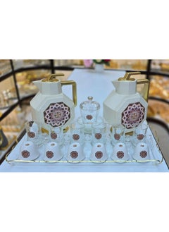 Damanhoor Exclusive 22 Piece Tea and Coffee Set Perfect For Ramadan Kareem 2 Thermos Flasks 6 Tea Cups With Saucers 6 Coffee Cups 1 Acrylic Tray 1 Sugar Bowl New Collection 
