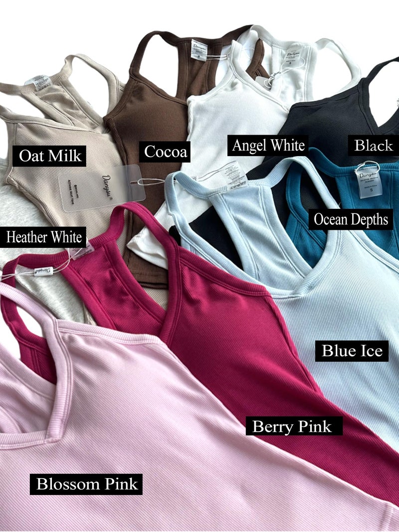 Danysu V Neck Racerback Tank Top for Women with Built in Bra Ribbed Long Tank Fitted Basic Cami Tops Cocoa M - Image 4