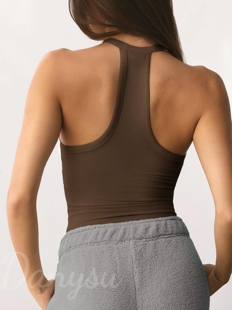 Danysu V Neck Racerback Tank Top for Women with Built in Bra Ribbed Long Tank Fitted Basic Cami Tops Cocoa M - Image 2