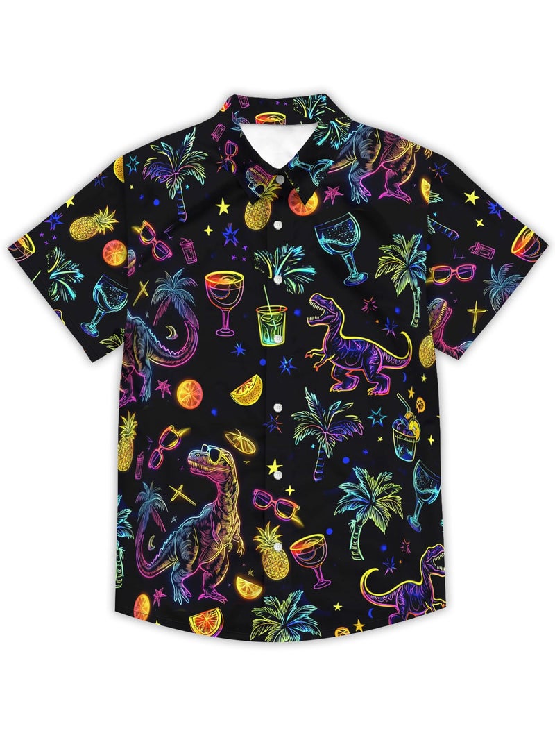 DFZ Dinosaur Button up Shirt for Men Hawaiian Shirt Tropical Rave Shirt Men Neon Party Outfits - Image 3