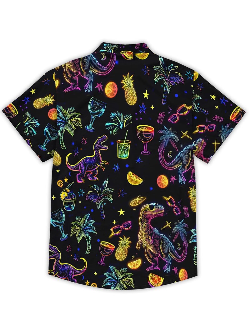 DFZ Dinosaur Button up Shirt for Men Hawaiian Shirt Tropical Rave Shirt Men Neon Party Outfits - Image 4