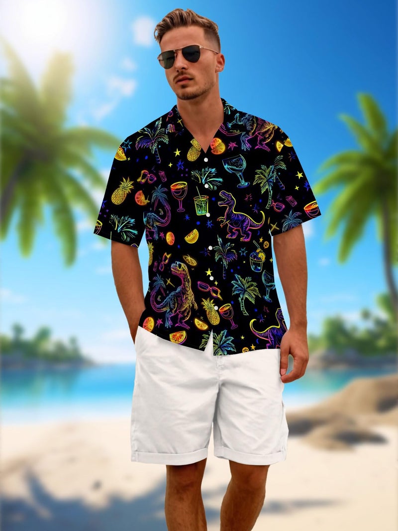 DFZ Dinosaur Button up Shirt for Men Hawaiian Shirt Tropical Rave Shirt Men Neon Party Outfits - Image 2
