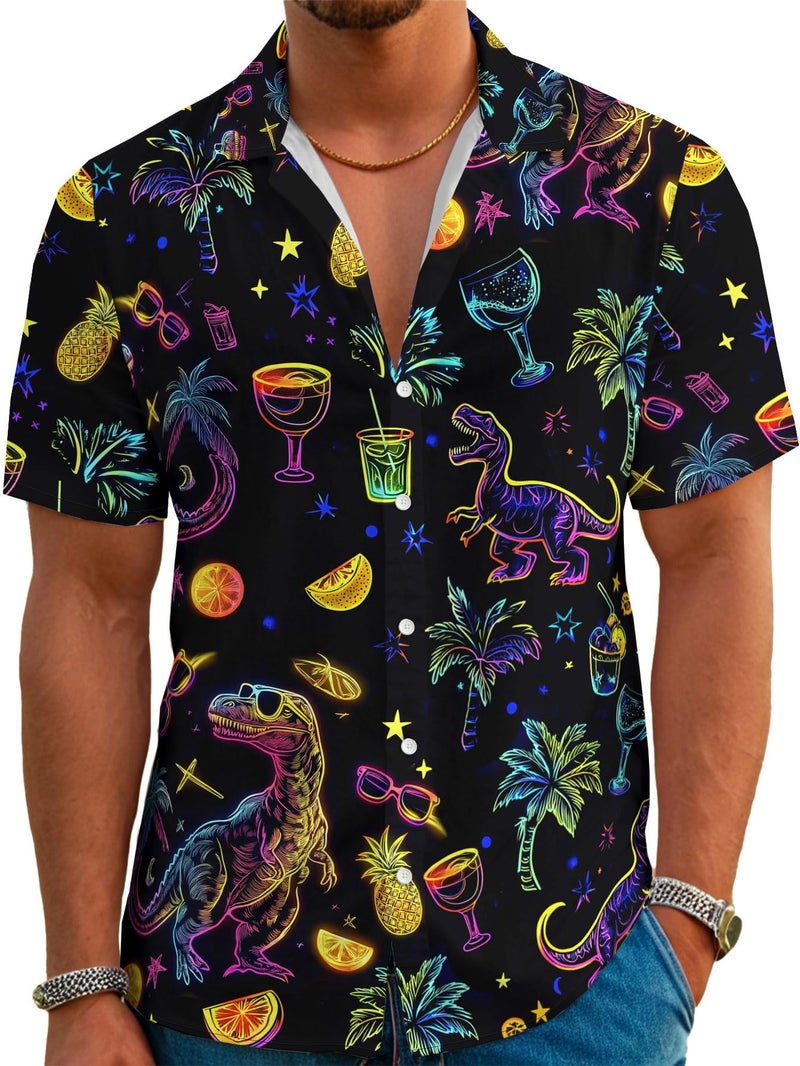 DFZ Dinosaur Button up Shirt for Men Hawaiian Shirt Tropical Rave Shirt Men Neon Party Outfits - Image 1
