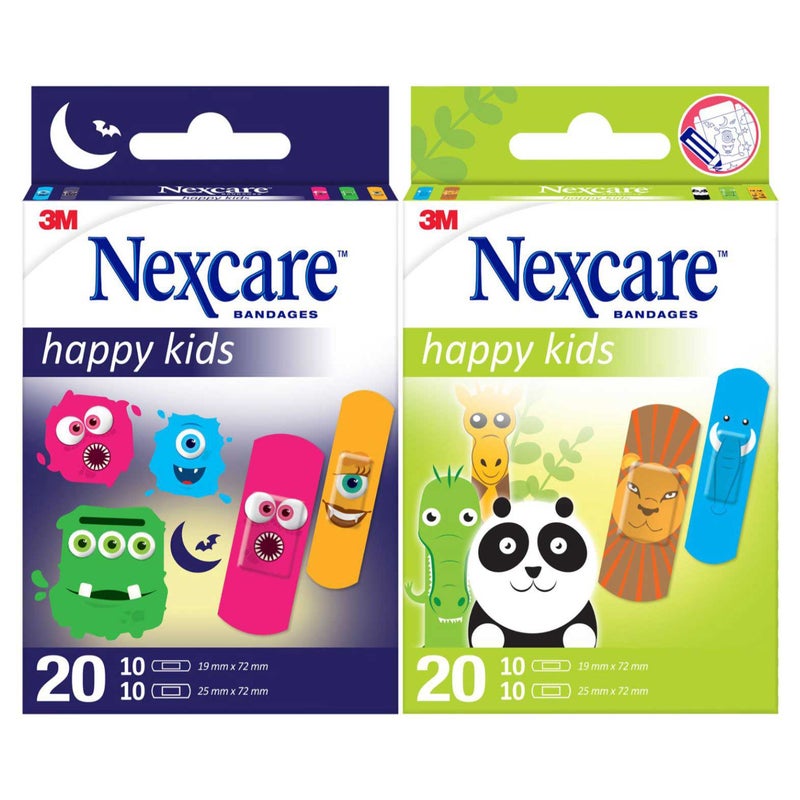 Nexcare Kids Bandages Value Combo 1+1 Animal & Monster Designs - Fun Colourful Adhesive Plasters for Children, Distraction for Minor Cuts & Scrapes, Breathable Gentle Cover, Two Packs Bundle