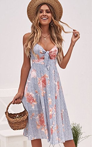 ECOWISH Women 2023 Summer Dresses Tie Front V-Neck Spaghetti Strap Button Down A-Line Backless Swing Midi Dress 1603 Stripe S - Image 3