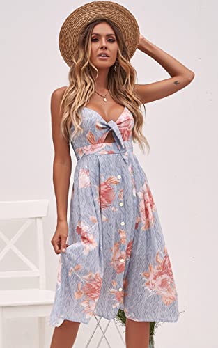 ECOWISH Women 2023 Summer Dresses Tie Front V-Neck Spaghetti Strap Button Down A-Line Backless Swing Midi Dress 1603 Stripe S - Image 2