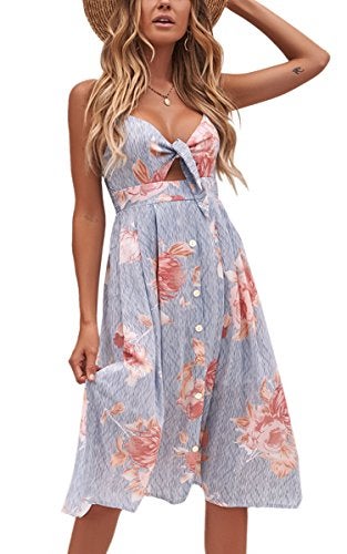 ECOWISH Women 2023 Summer Dresses Tie Front V-Neck Spaghetti Strap Button Down A-Line Backless Swing Midi Dress 1603 Stripe S - Image 1