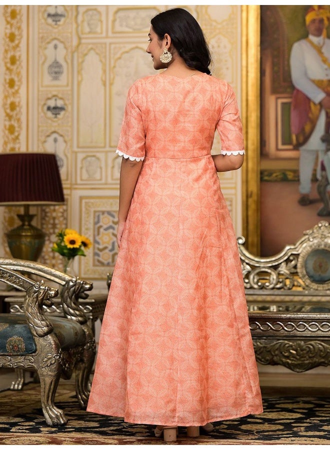 AKS Peach Kota Doria maxi dress with Floral Dupatta  - Image 5