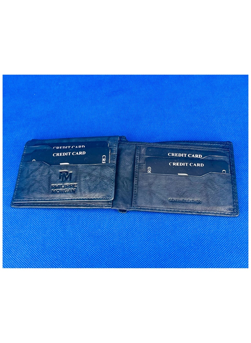فيليب مورجان محفظة جلدية أصلية فاخرة قابلة للطي مع حامل بطاقات للرجال باللون الأزرق الداكن - Image 2
