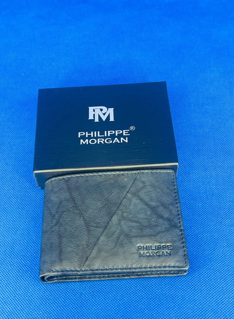 فيليب مورجان محفظة جلدية أصلية فاخرة قابلة للطي مع حامل بطاقات للرجال باللون الأزرق الداكن - Image 1