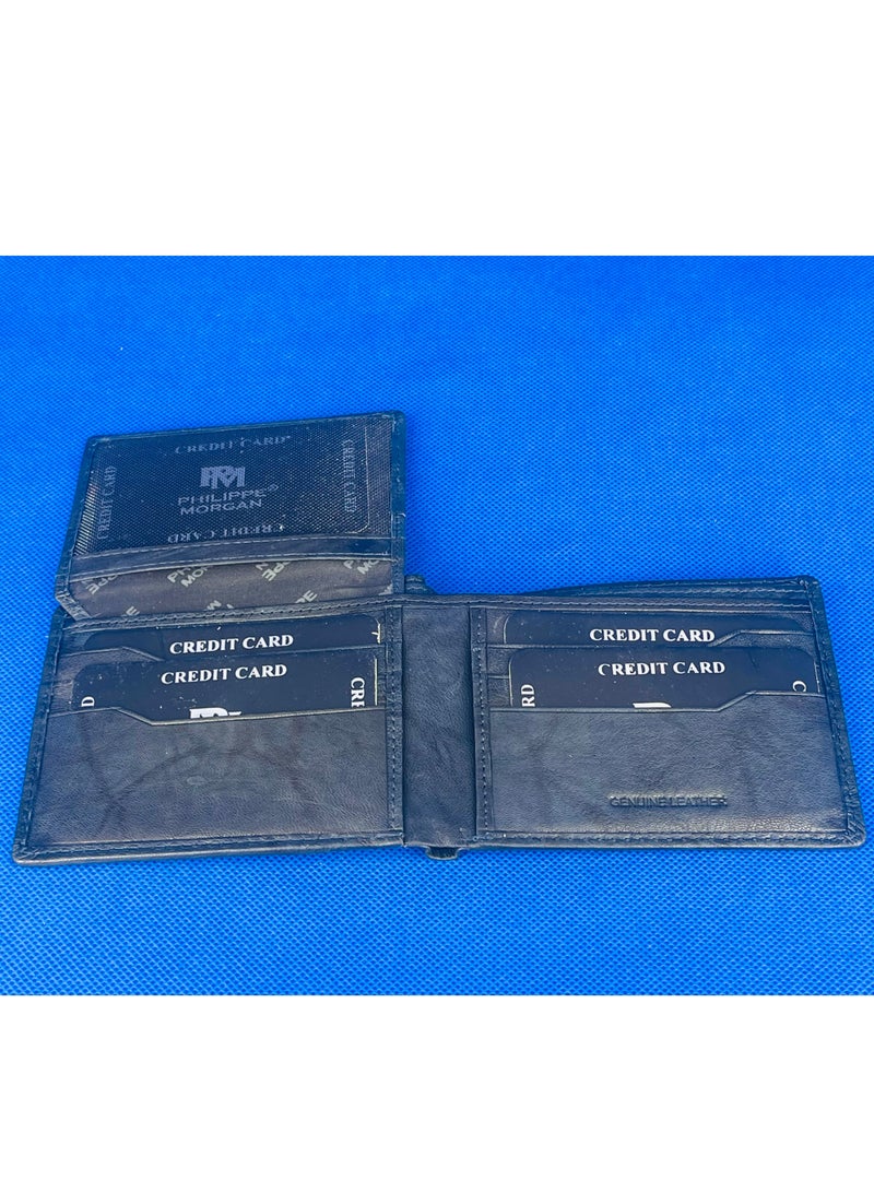 فيليب مورجان محفظة جلدية أصلية فاخرة قابلة للطي مع حامل بطاقات للرجال باللون الأزرق الداكن - Image 3