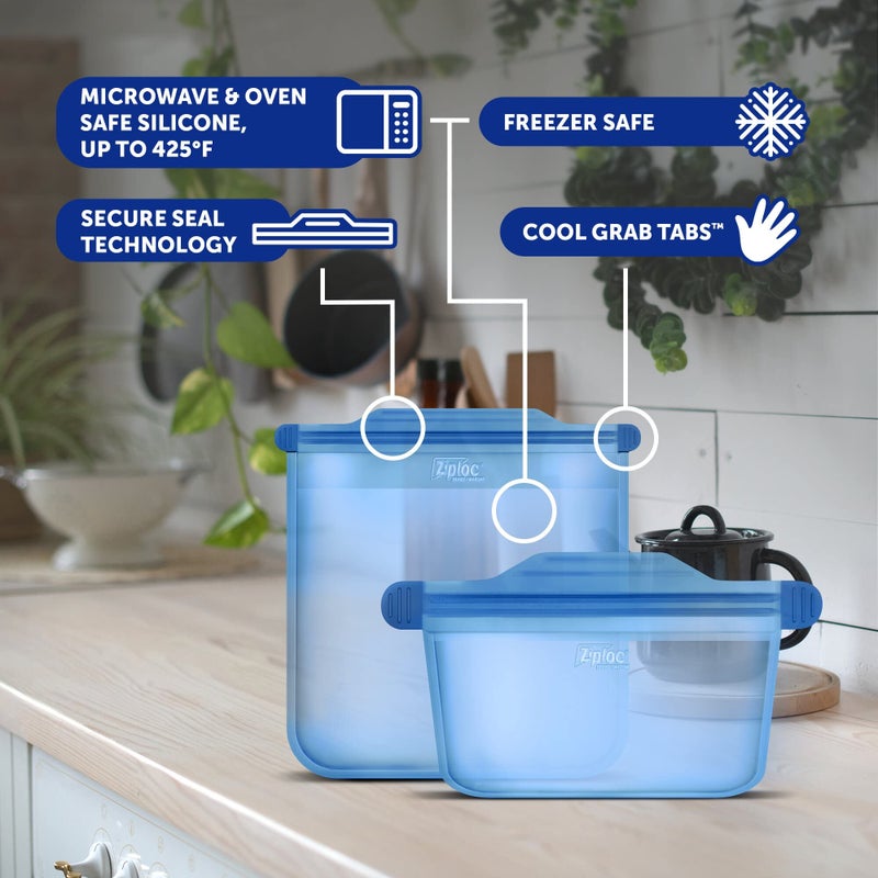 زيبلوك Ziploc endurables حقيبة وحاويات مجموعة متنوعة من الأكياس السيليكون القابلة لإعادة الاستخدام وحاويات إعداد وجبة تخزين الطعام لفرن الفريزر وغسالة الصحون في الميكروويف آمنة - Image 2