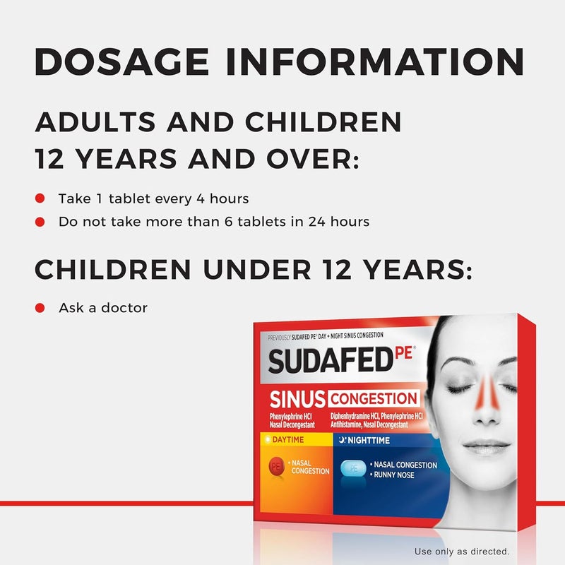 Sudafed PE Sinus Congestion Day Night Maximum Strength Decongestant Antihistamine Tablets with Phenylephrine HCl Diphenhydramine HCl Helps Nasal Sinus Pressure Congestion 20 ct - Image 2