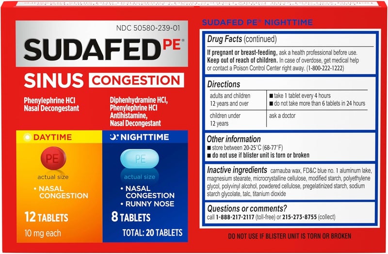Sudafed PE Sinus Congestion Day Night Maximum Strength Decongestant Antihistamine Tablets with Phenylephrine HCl Diphenhydramine HCl Helps Nasal Sinus Pressure Congestion 20 ct - Image 4