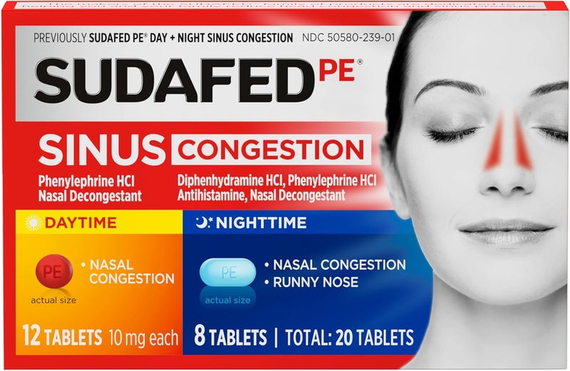 Sudafed PE Sinus Congestion Day Night Maximum Strength Decongestant Antihistamine Tablets with Phenylephrine HCl Diphenhydramine HCl Helps Nasal Sinus Pressure Congestion 20 ct - Image 1