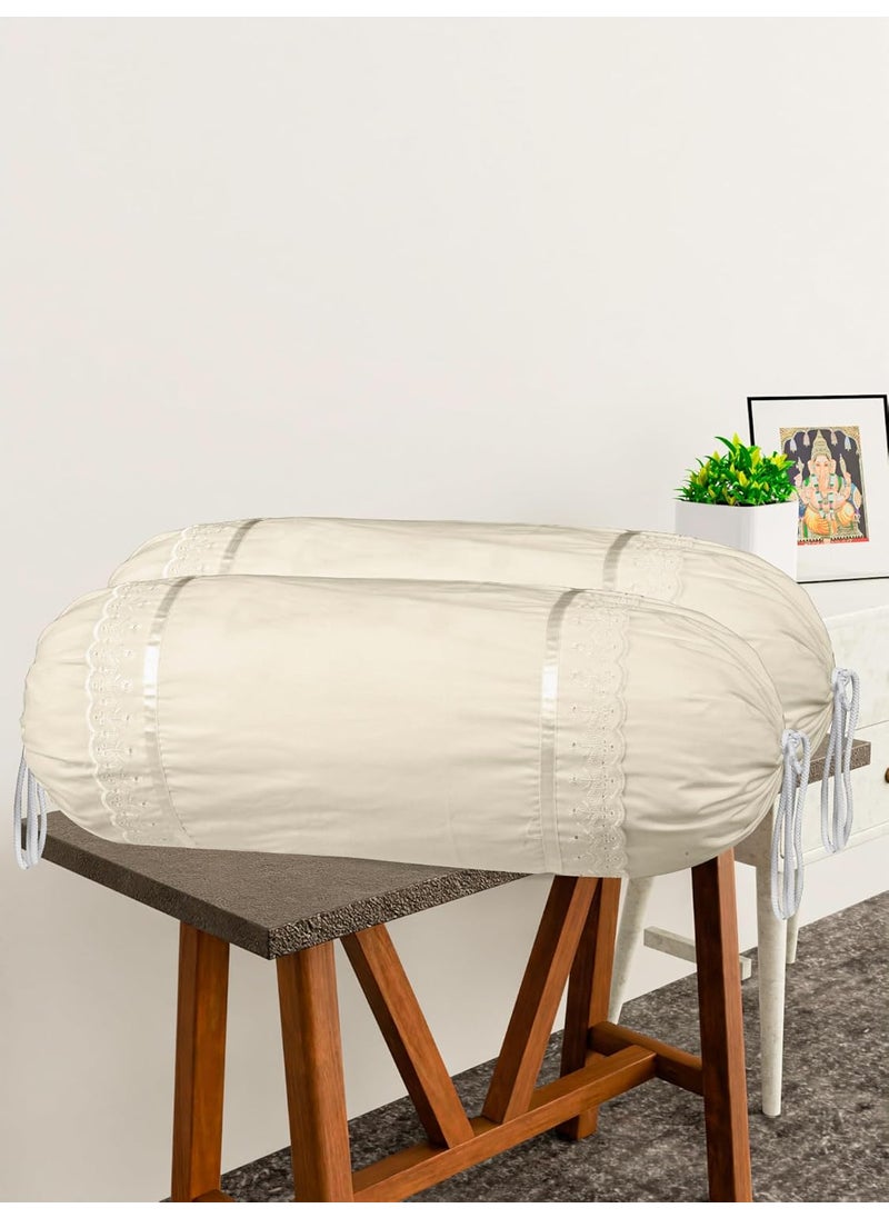 Kuber Industries Kuber Industries Bolster Covers Cotton Bolster Cover Set Diwan Bolster Cover Set Plain Lace Print Masand Cover 16x32 Inch Pack of 2 Cream  - Image 2
