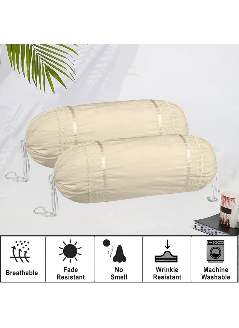 Kuber Industries Kuber Industries Bolster Covers Cotton Bolster Cover Set Diwan Bolster Cover Set Plain Lace Print Masand Cover 16x32 Inch Pack of 2 Cream  - Image 5