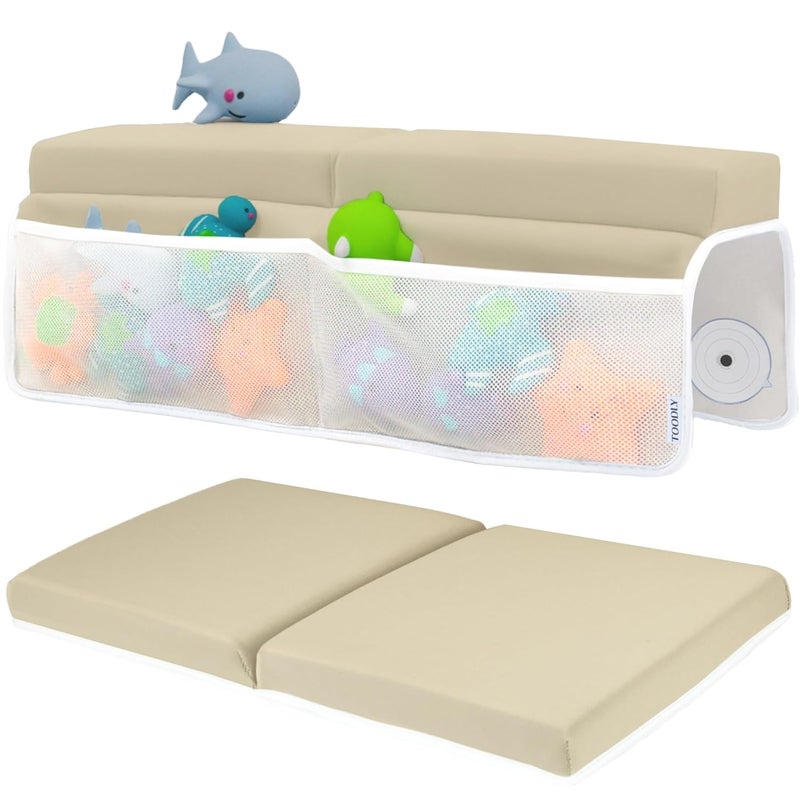 Toodly Comfortable Baby Bath Kneeler and Elbow Rest Pad Set – Thick Memory Foam Bath Kneeling Pad with Elbow Support – Baby Bathtub Cushion with Toy Organizer for Bathing Infant or Toddler - Beige - Image 1