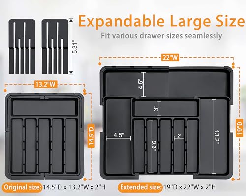 Homecor Silverware Organizer Expandable Large Kitchen Drawer Organizer Utensil Organizer with 2 Removable Knife Blocks 22x 19Cutlery Tray Drawer Dividers for Kitchen Flatware69 Slots Black - Image 3