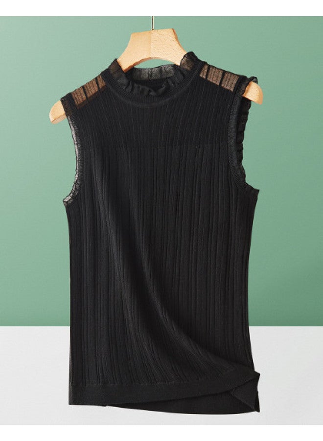 MIIOW Lambswool Knit Vest ~ Elegant Lace Ruffle Trim Vest, Versatile And Chic Sleeveless Top For Suit Layering - Image 1