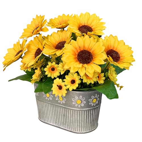 hopeme Artificial Flowers Fake Sunflowers in Pot, Faux Silk Flowers Floral Table Centerpiece Decoration, Rustic Potted Greenery for Farmhouse Home Décor - Image 2