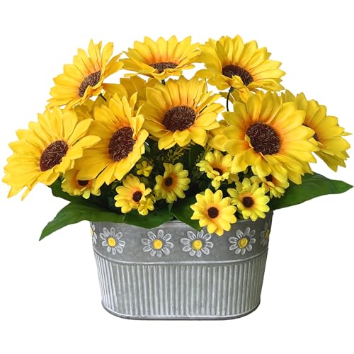 hopeme Artificial Flowers Fake Sunflowers in Pot, Faux Silk Flowers Floral Table Centerpiece Decoration, Rustic Potted Greenery for Farmhouse Home Décor - Image 1