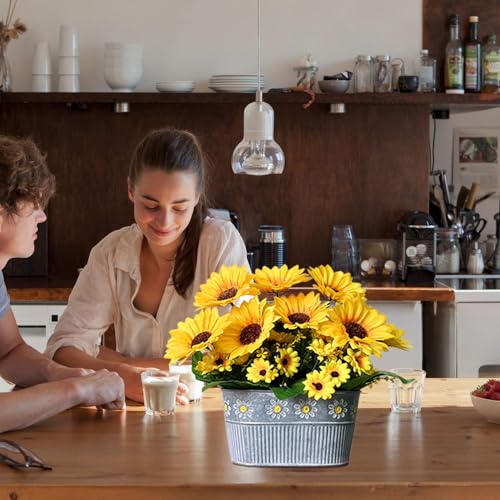 hopeme Artificial Flowers Fake Sunflowers in Pot, Faux Silk Flowers Floral Table Centerpiece Decoration, Rustic Potted Greenery for Farmhouse Home Décor - Image 3