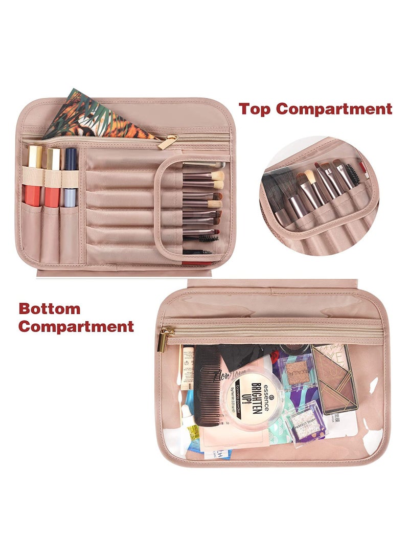 Toiletry Bag, Hanging Travel Makeup Bag for Women, Large Waterproof Cosmetic Bags Travel Organizer Full Sized Container with Elastic Band Holders for Toiletries, Cosmetics, Brushes, Bottle, Pink