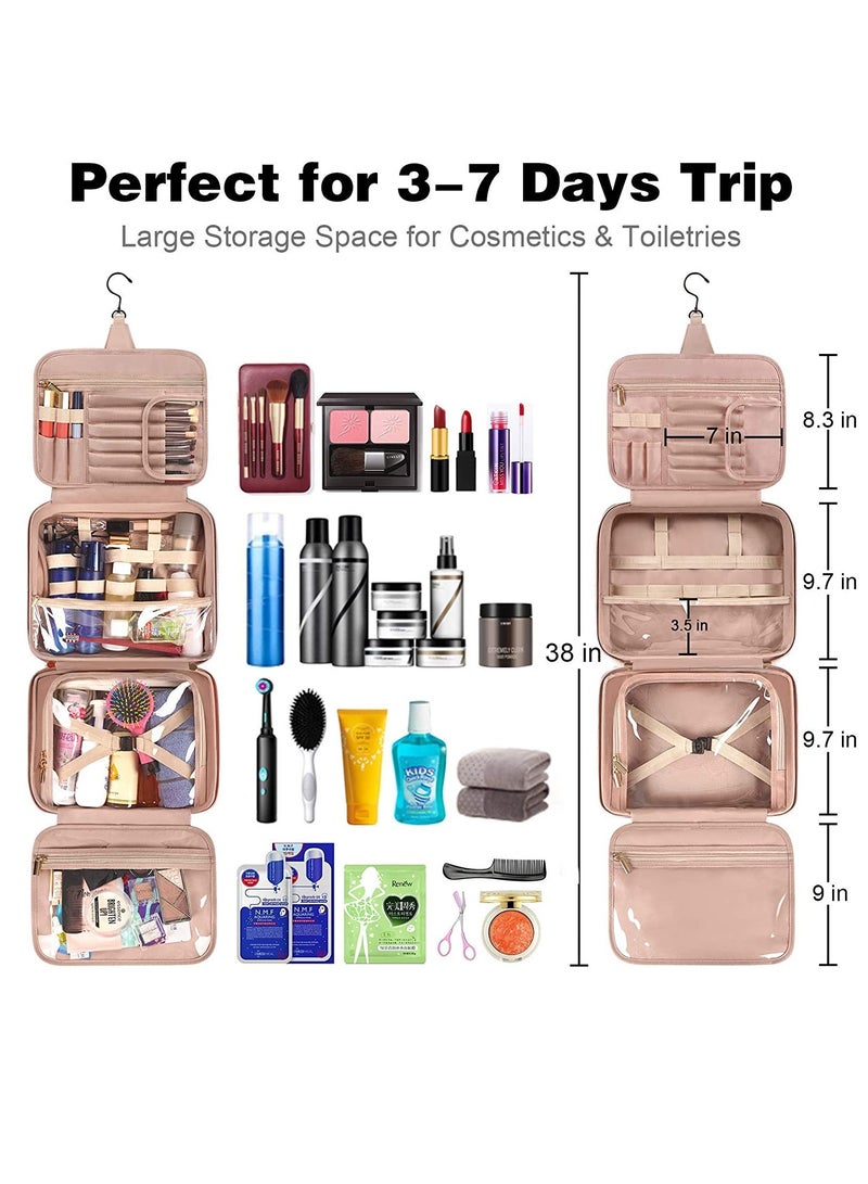 Toiletry Bag, Hanging Travel Makeup Bag for Women, Large Waterproof Cosmetic Bags Travel Organizer Full Sized Container with Elastic Band Holders for Toiletries, Cosmetics, Brushes, Bottle, Pink