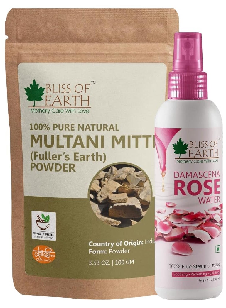 BLISS OF EARTH Multani Mitti Fine Powder 100gm with 100ml Rose Water Best Organic And Natural Face Mask for Pimple Acne Smooth Skin Chemical Free - Image 1