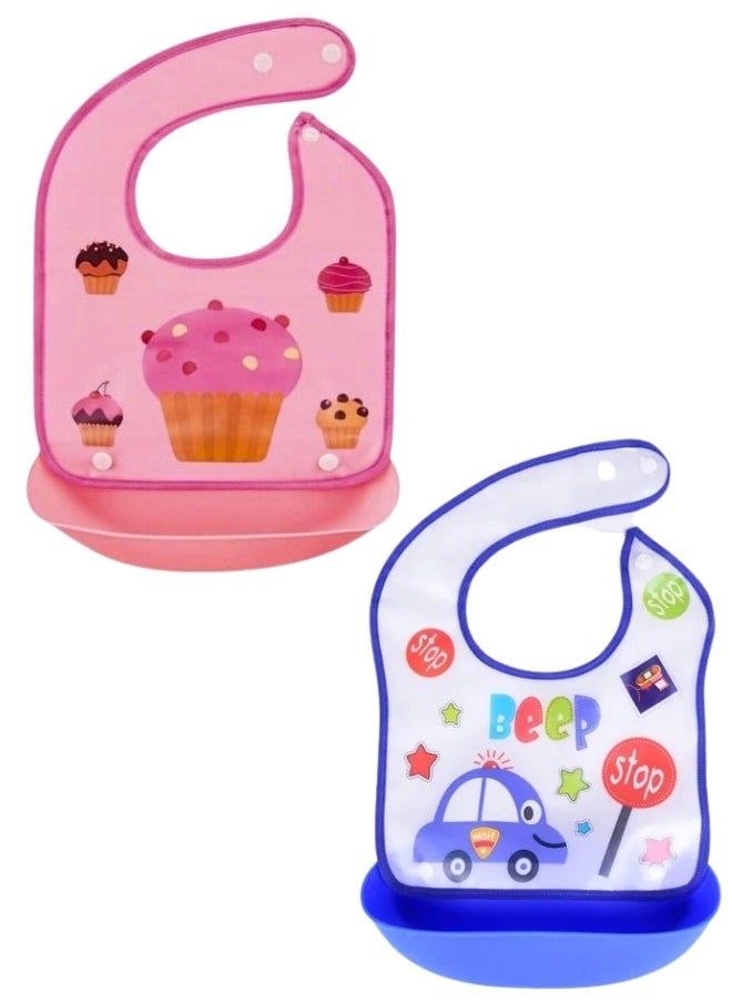 FALMER Baby bib with silicone pocket to catch food and waterproof for children, washable, multi-shape, 37*25.5 cm-Blue  - Image 2