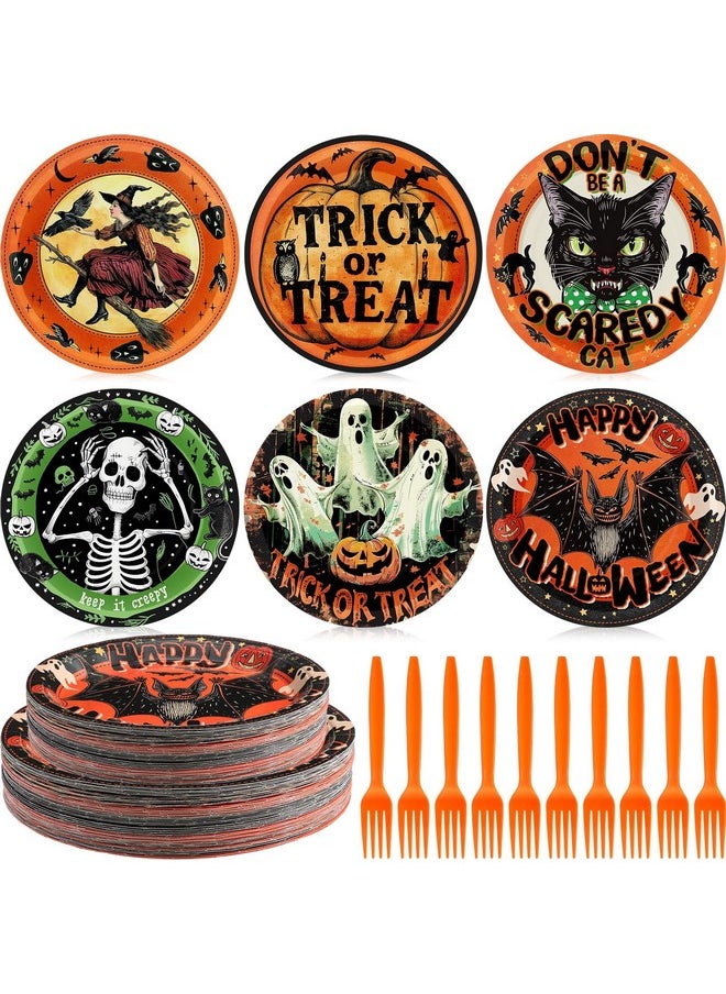 Sieral 180 Pcs Vintage Style Halloween Party Supplies Halloween Paper Plates And Forks Set, 7'' & 9'' Retro Ghost Pumpkin Plates Trick Or Treat Halloween Party Decorations  - Image 1