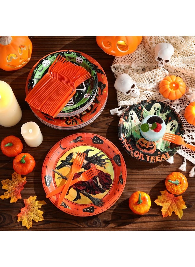 Sieral 180 Pcs Vintage Style Halloween Party Supplies Halloween Paper Plates And Forks Set, 7'' & 9'' Retro Ghost Pumpkin Plates Trick Or Treat Halloween Party Decorations  - Image 4