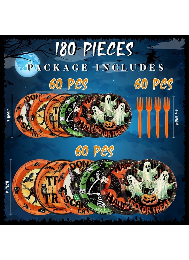Sieral 180 Pcs Vintage Style Halloween Party Supplies Halloween Paper Plates And Forks Set, 7'' & 9'' Retro Ghost Pumpkin Plates Trick Or Treat Halloween Party Decorations  - Image 2