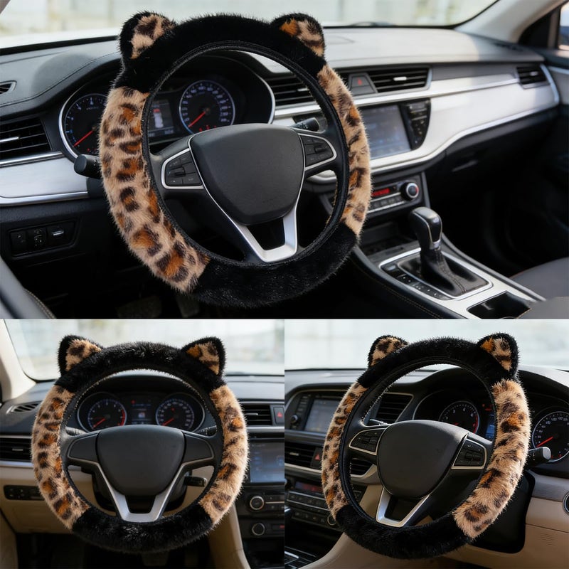 Laoybho Car Steering Wheel Cover 14-15 inch, Fluffy Leopard Steering Wheel Covers with Cute Ears Keychain Universal Elastic Steering Wheel Protector Accessories for Women Girls (Brown Black) - Image 5