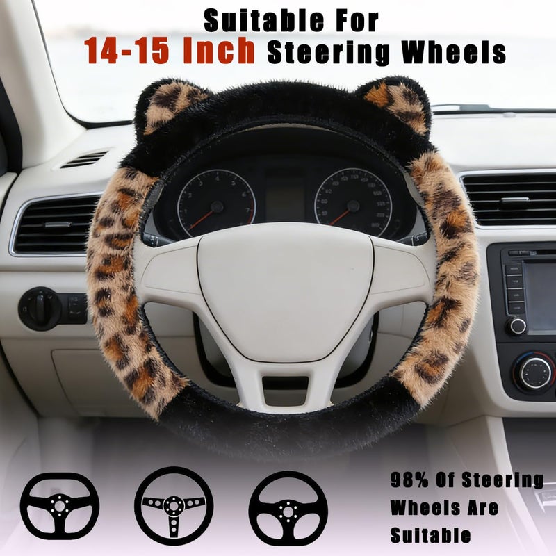 Laoybho Car Steering Wheel Cover 14-15 inch, Fluffy Leopard Steering Wheel Covers with Cute Ears Keychain Universal Elastic Steering Wheel Protector Accessories for Women Girls (Brown Black) - Image 4