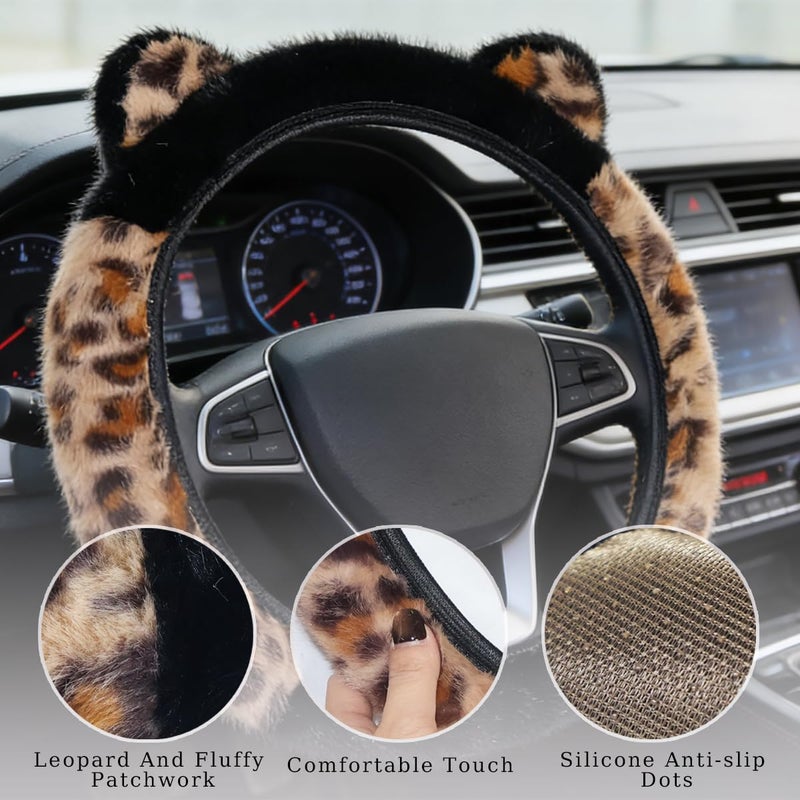 Laoybho Car Steering Wheel Cover 14-15 inch, Fluffy Leopard Steering Wheel Covers with Cute Ears Keychain Universal Elastic Steering Wheel Protector Accessories for Women Girls (Brown Black) - Image 3