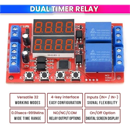 amiciSmart 12V 10A Adjustable Time Delay Relay Module | 32 Modes Dual Way LED Timer Switch with Digital Display, Wide Time Range 0.01s–999min, Dual Signal Trigger, NO/NC/COM Relay Outputs - Image 5