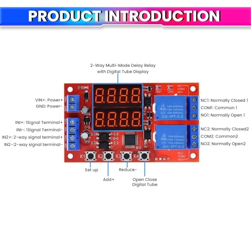 amiciSmart 12V 10A Adjustable Time Delay Relay Module | 32 Modes Dual Way LED Timer Switch with Digital Display, Wide Time Range 0.01s–999min, Dual Signal Trigger, NO/NC/COM Relay Outputs - Image 2
