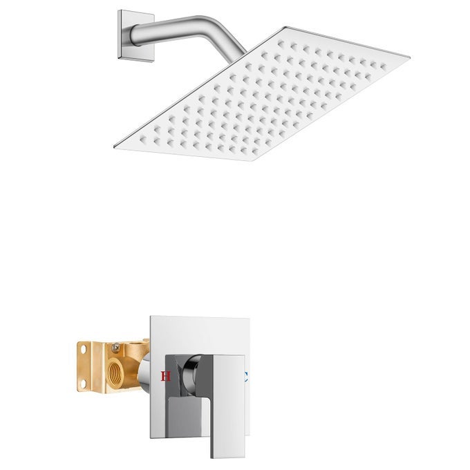 SHOWER FAUCET SET BATHROOM RAIN SHOWER SYSTEM 8 INCH SQUARE SHOWERHEAD SINGLE FUNCTION 1 HANDLE TRIM KIT WITH FEMALE THREAD ROUGHIN VALVE COVER PLATE WITH H AND C LABELS CHROME POLISH