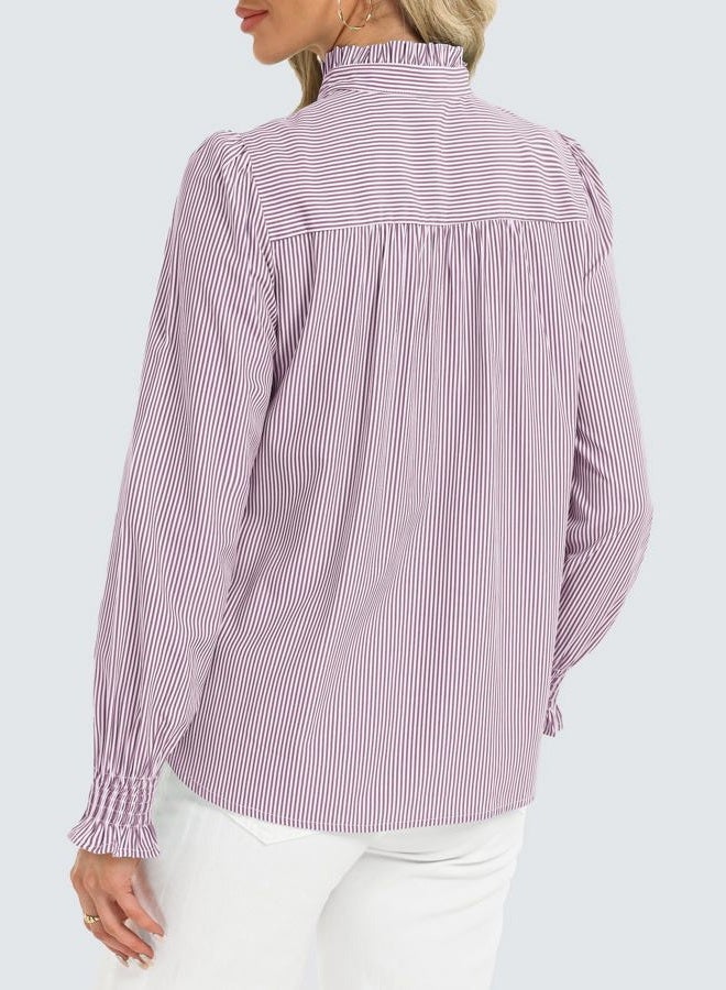 Funlingo Women's Striped Button Down Shirts Long Sleeve Smocked Cuffed Ruffle Collar Blouses Spring Work Business Casual Tops, Purple White, XL - Image 4