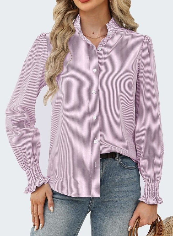 Funlingo Women's Striped Button Down Shirts Long Sleeve Smocked Cuffed Ruffle Collar Blouses Spring Work Business Casual Tops, Purple White, XL - Image 2