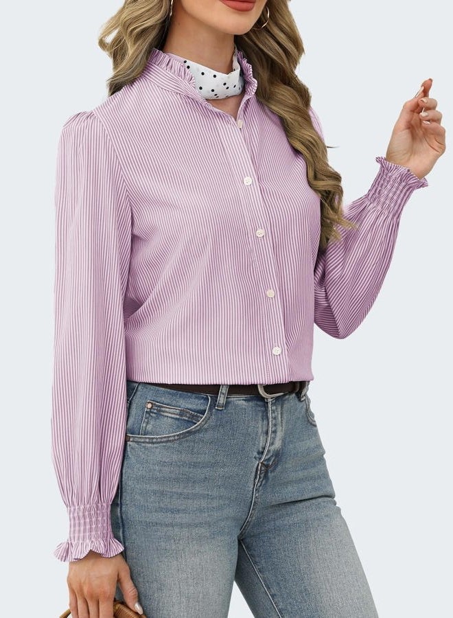 Funlingo Women's Striped Button Down Shirts Long Sleeve Smocked Cuffed Ruffle Collar Blouses Spring Work Business Casual Tops, Purple White, XL - Image 3