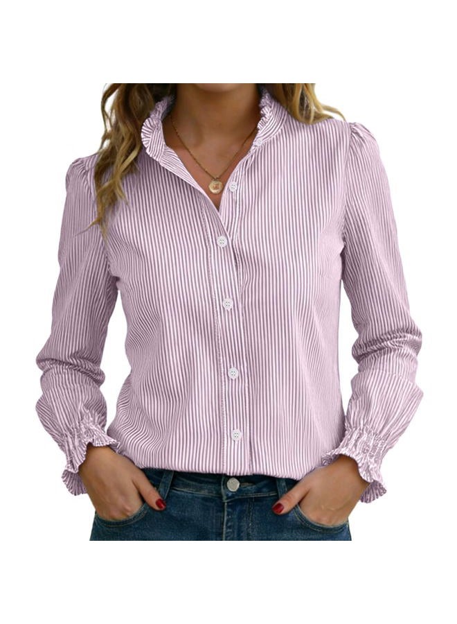 Funlingo Women's Striped Button Down Shirts Long Sleeve Smocked Cuffed Ruffle Collar Blouses Spring Work Business Casual Tops, Purple White, XL - Image 1